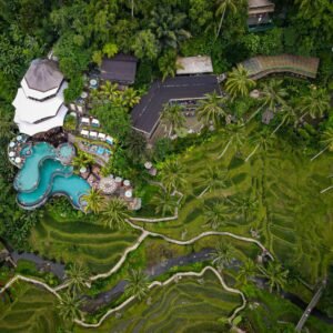 Aerial view of a villa pool in Bali