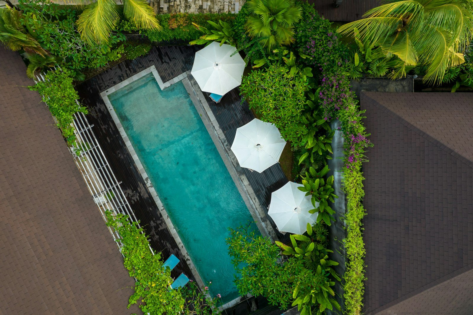 Aerial view of a villa pool in Bali